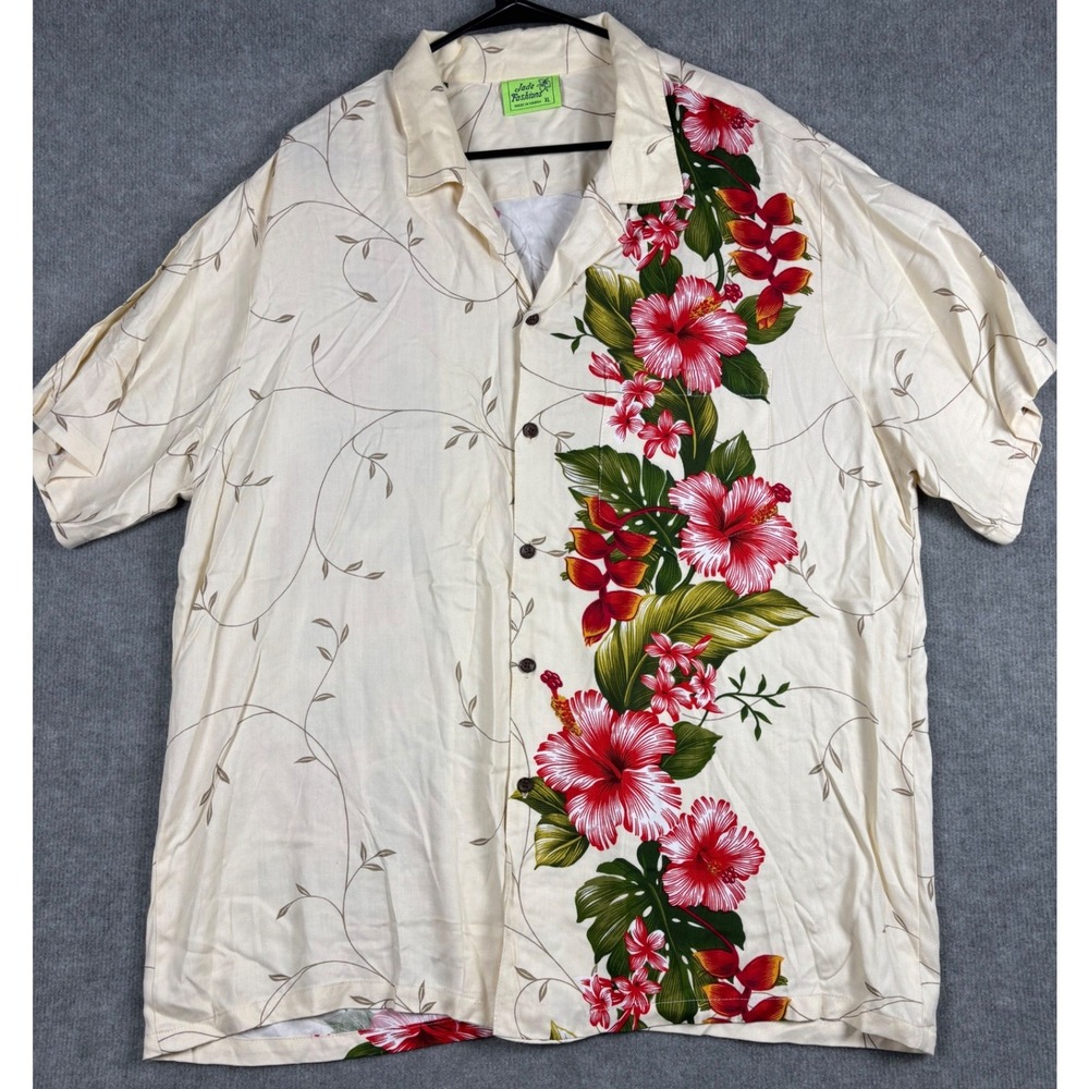 Jade Fashions‎ Hawaiian Floral Camp Shirt XL Cream Rayon Hibiscus Print Mens